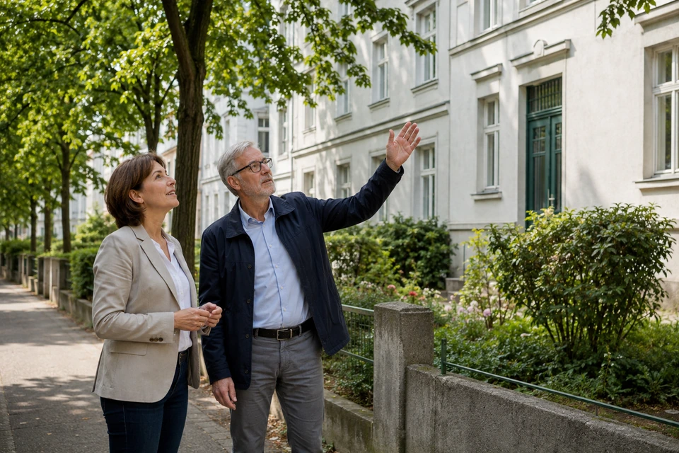 Symbolisches Eigentümergespräch vor einem Wiener Wohnhaus